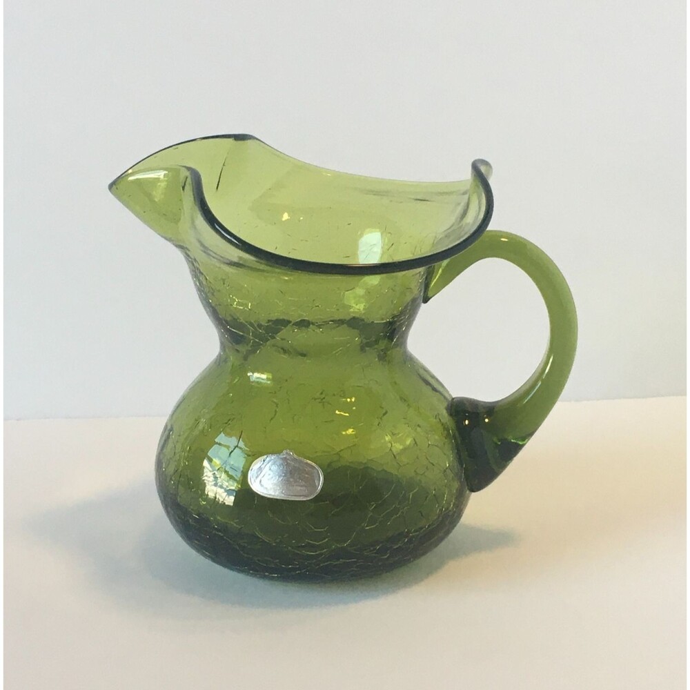 Vintage Rainbow Crackle Glass Pitcher Green Mid Century Art Glass Mini Pitcher